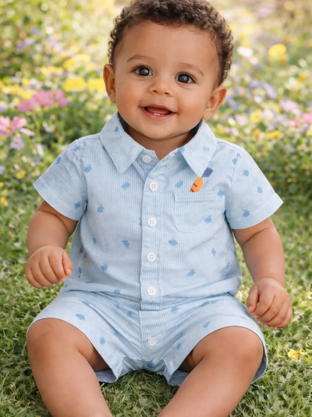 NWT Carter’s Baby Boy Easter Bunny Romper 9 Months Blue White Stripe Spring - Picture 2 of 4
